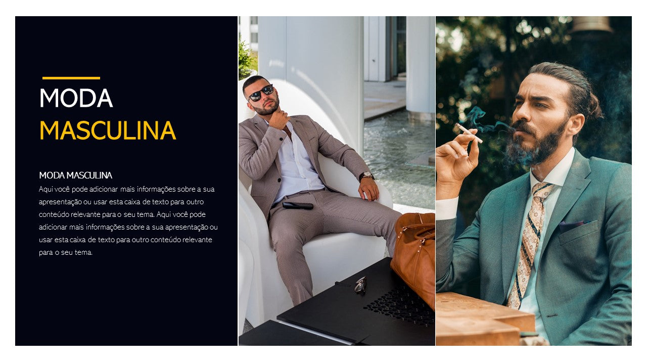 Template PowerPoint Moda Masculina - 30 Slides Profissionais Multiusos