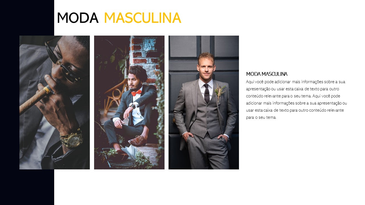 Template PowerPoint Moda Masculina - 30 Slides Profissionais Multiusos