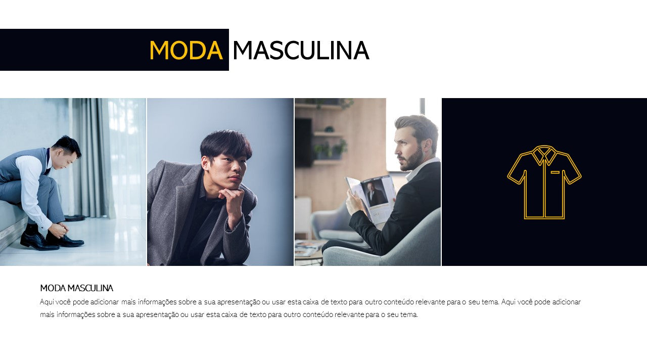 Template PowerPoint Moda Masculina - 30 Slides Profissionais Multiusos